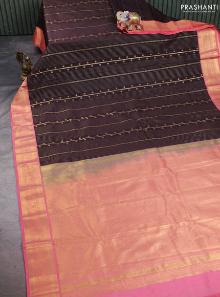 Semi kanchipuram silk saree coffee brown and peach pink with allover zari weaves and zari woven korvai border
