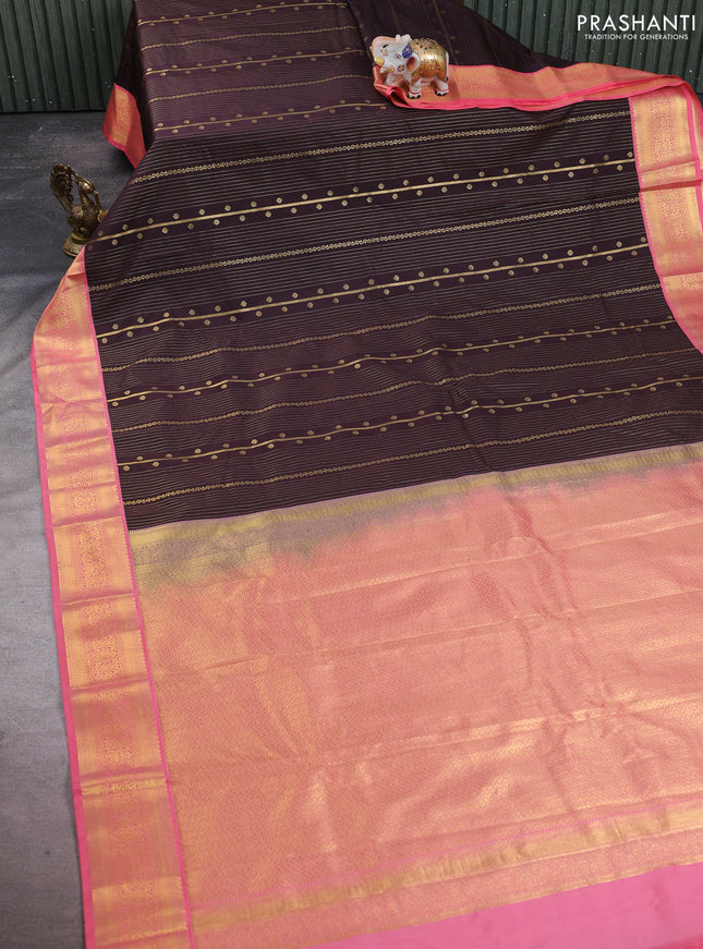 Semi kanchipuram silk saree coffee brown and peach pink with allover zari weaves and zari woven korvai border