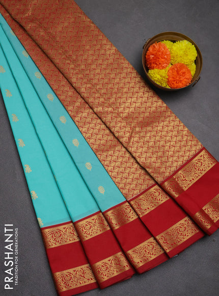 Semi kanchipuram silk saree teal green and maroon with allover zari woven buttas and rettapet zari woven korvai border