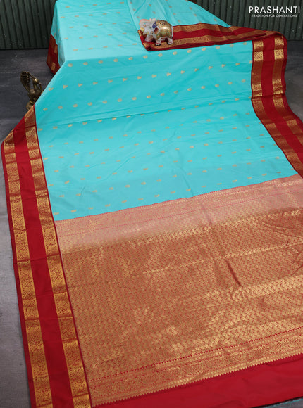 Semi kanchipuram silk saree teal green and maroon with allover zari woven buttas and rettapet zari woven korvai border