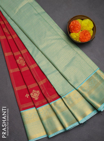 Semi kanchipuram silk saree reddish pink and teal shade with allover zari checks & buttas and zari woven korvai border