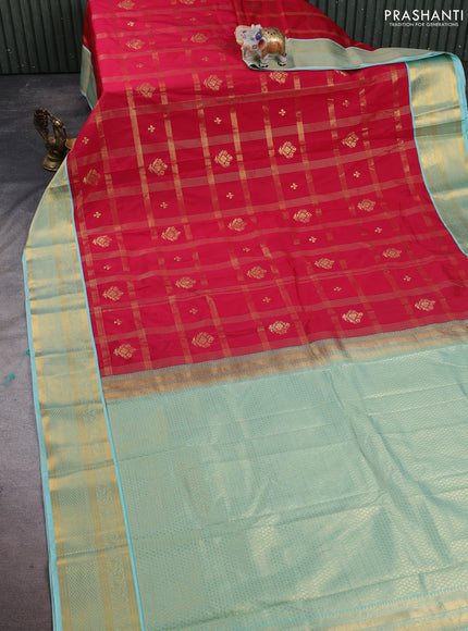 Semi kanchipuram silk saree reddish pink and teal shade with allover zari checks & buttas and zari woven korvai border