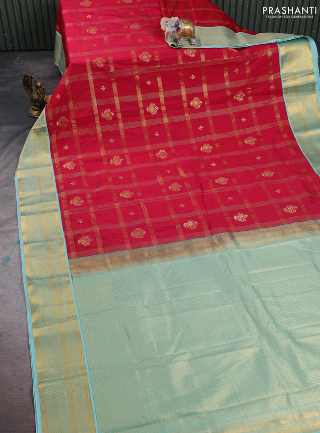 Semi kanchipuram silk saree reddish pink and teal shade with allover zari checks & buttas and zari woven korvai border