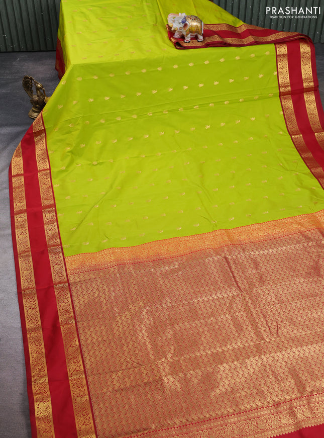 Semi kanchipuram silk saree light green and maroon with allover zari woven buttas and rettapet zari woven korvai border
