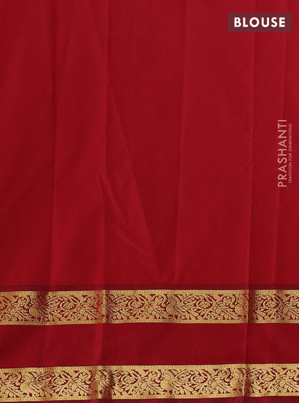Semi kanchipuram silk saree sunset orange and maroon with allover zari woven buttas and rettapet zari woven korvai border