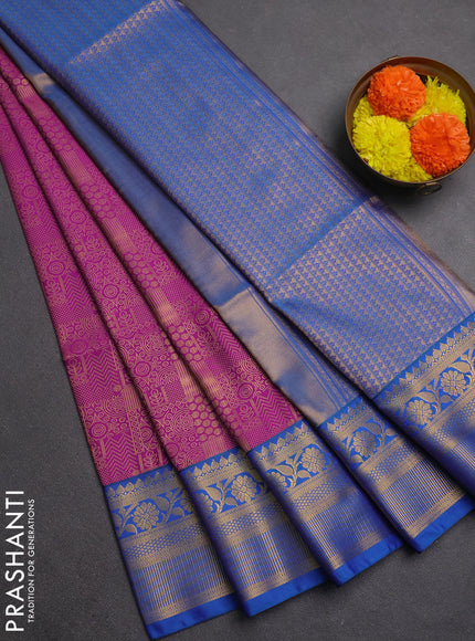 Semi soft silk saree purple and blue with allover zari weaves and zari woven border