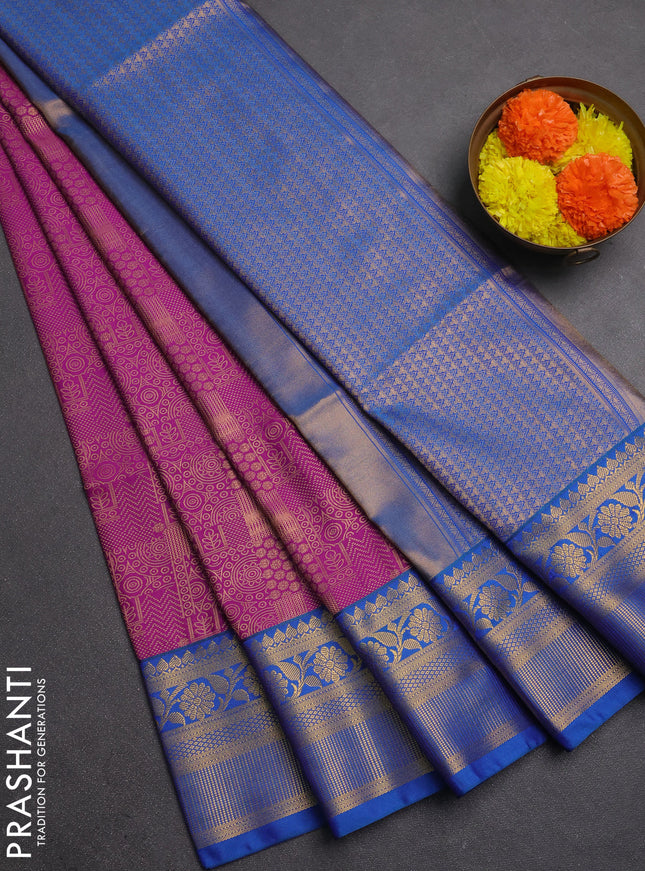 Semi soft silk saree purple and blue with allover zari weaves and zari woven border