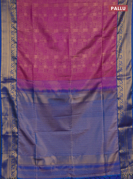 Semi soft silk saree purple and blue with allover zari weaves and zari woven border
