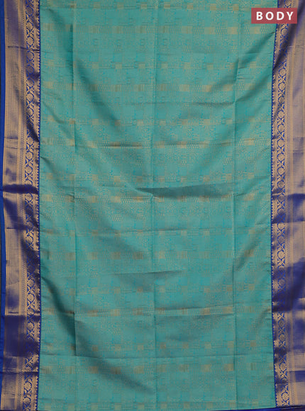 Semi soft silk saree teal green and blue with allover zari weaves and zari woven border