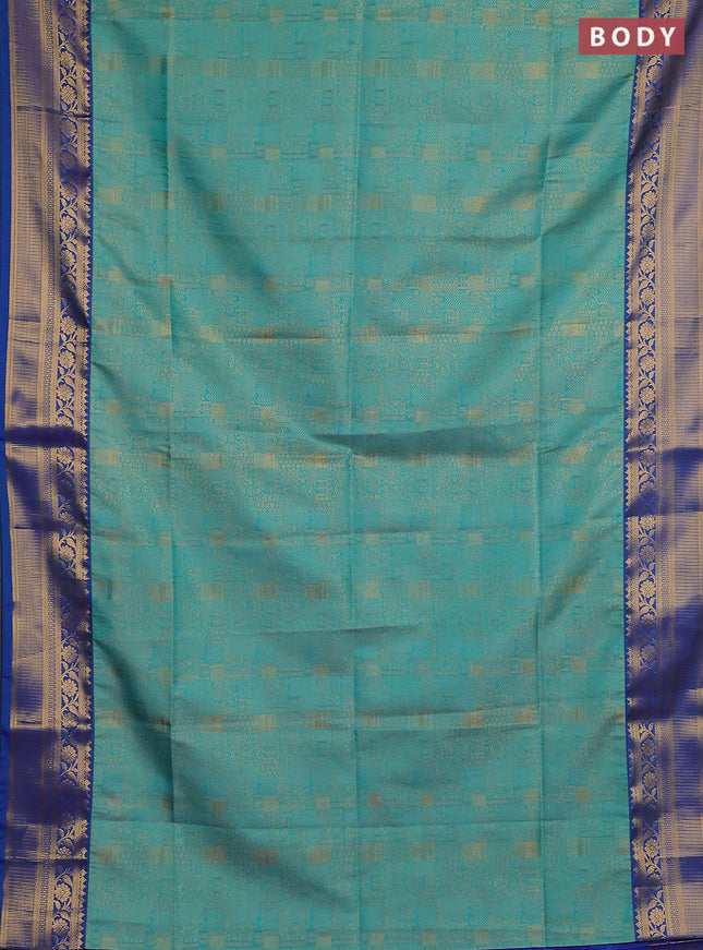 Semi soft silk saree teal green and blue with allover zari weaves and zari woven border