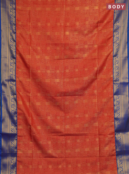 Semi soft silk saree rust shade and blue with allover zari weaves and zari woven border