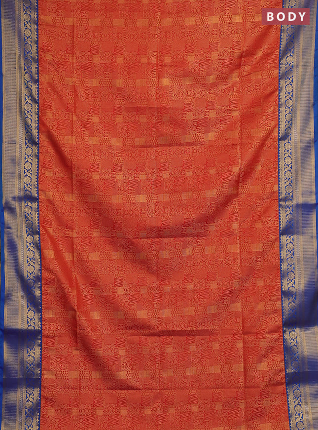 Semi soft silk saree rust shade and blue with allover zari weaves and zari woven border