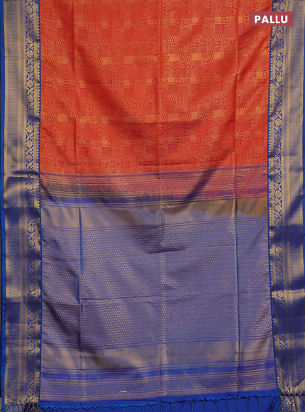Semi soft silk saree rust shade and blue with allover zari weaves and zari woven border