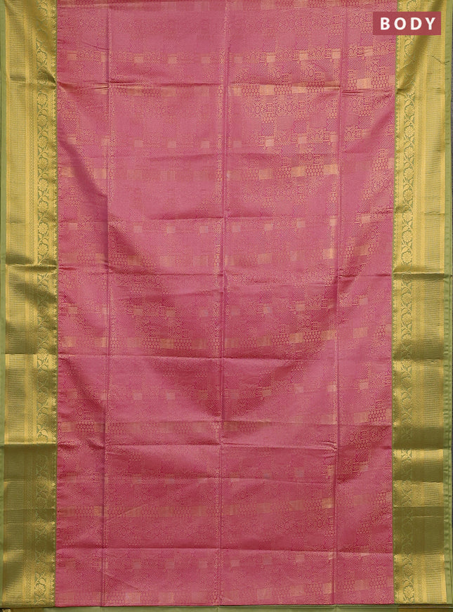 Semi soft silk saree pink and green with allover zari weaves and zari woven border