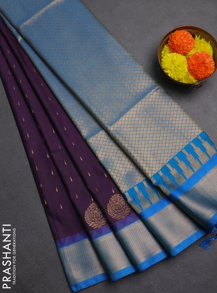 Semi soft silk saree deep purple and cs blue with allover zari woven buttas and zari woven border