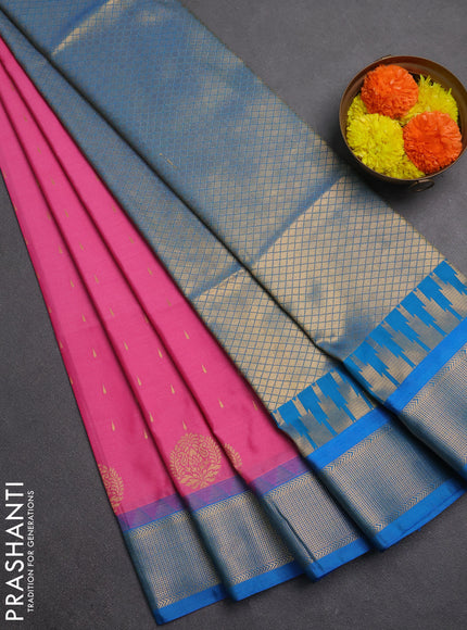 Semi soft silk saree pink and cs blue with allover zari woven buttas and zari woven border