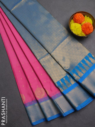Semi soft silk saree pink and cs blue with allover zari woven buttas and zari woven border