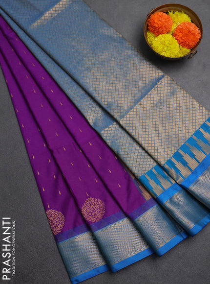 Semi soft silk saree purple and teal blue with allover zari woven buttas and zari woven border