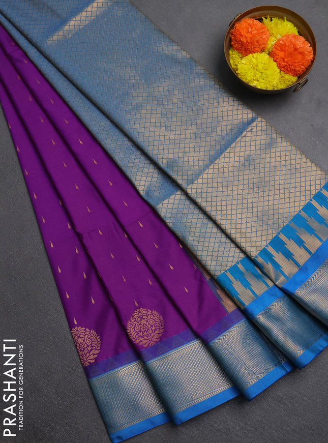 Semi soft silk saree purple and teal blue with allover zari woven buttas and zari woven border