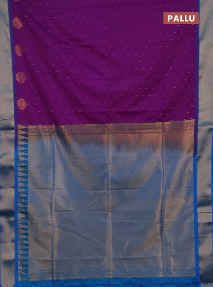 Semi soft silk saree purple and teal blue with allover zari woven buttas and zari woven border