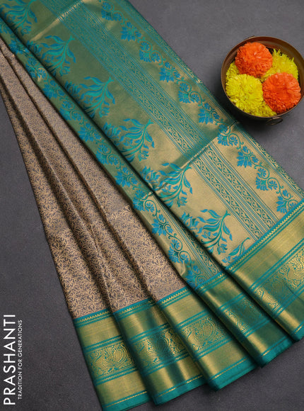 Semi soft silk saree grey and green with allover zari weaves and zari woven border