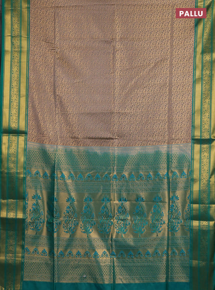 Semi soft silk saree grey and green with allover zari weaves and zari woven border