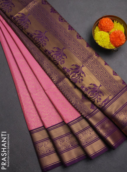 Semi soft silk saree pink and purple with allover zari weaves and zari woven border