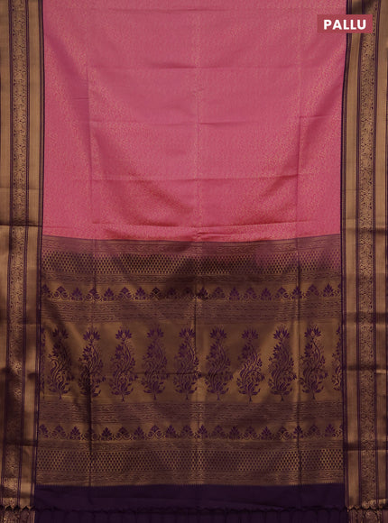 Semi soft silk saree pink and purple with allover zari weaves and zari woven border