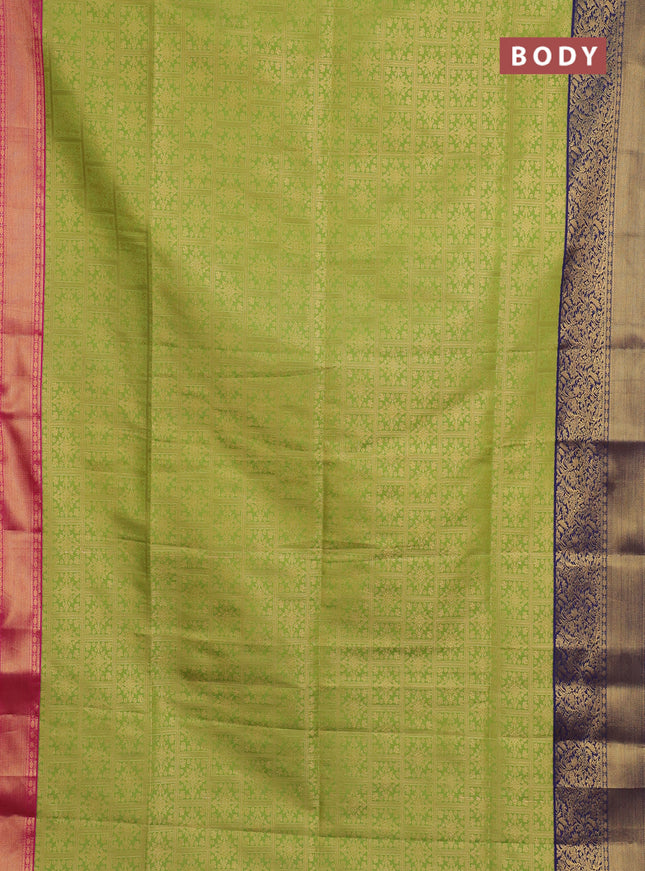 Semi soft silk saree green and pink navy blue with allover zari checked pattern and ganga jamuna border