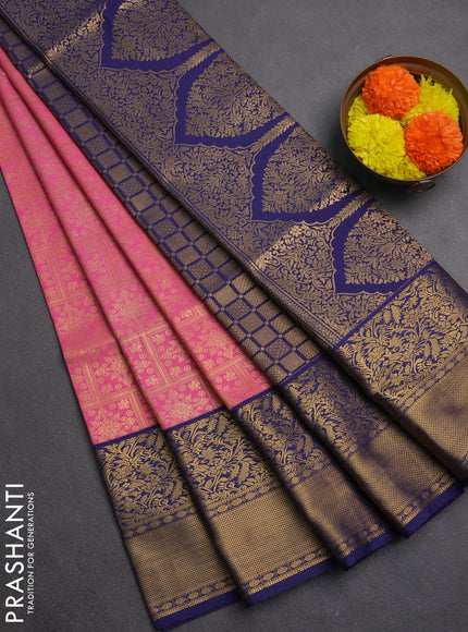 Semi soft silk saree pink and navy blue with allover zari checked pattern and ganga jamuna border
