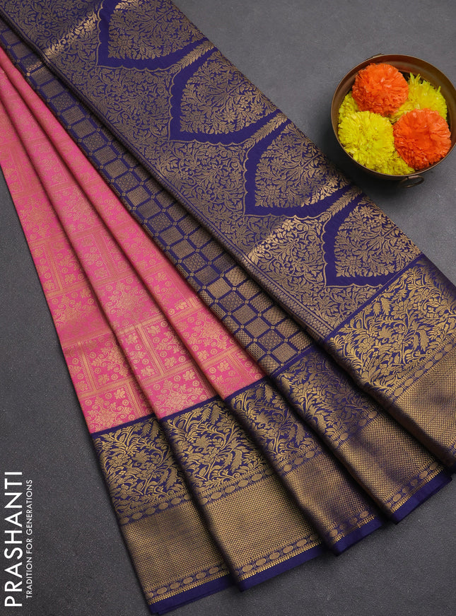 Semi soft silk saree pink and navy blue with allover zari checked pattern and ganga jamuna border