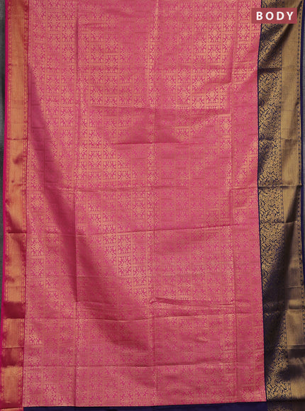Semi soft silk saree pink and navy blue with allover zari checked pattern and ganga jamuna border