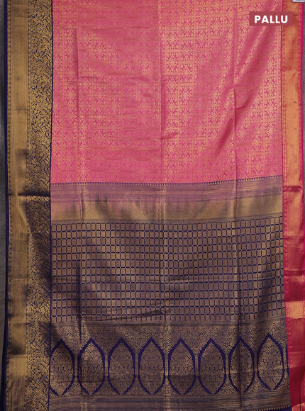 Semi soft silk saree pink and navy blue with allover zari checked pattern and ganga jamuna border