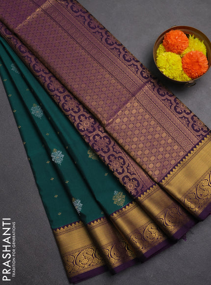 Semi soft silk saree green and purple with allover silver & gold zari woven buttas and zari woven border