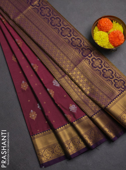 Semi soft silk saree wine shade and purple with allover silver & gold zari woven buttas and zari woven border