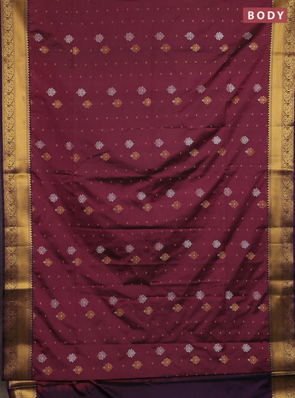 Semi soft silk saree wine shade and purple with allover silver & gold zari woven buttas and zari woven border