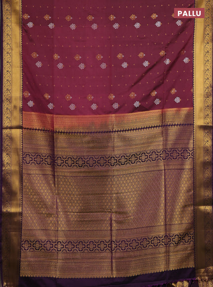 Semi soft silk saree wine shade and purple with allover silver & gold zari woven buttas and zari woven border