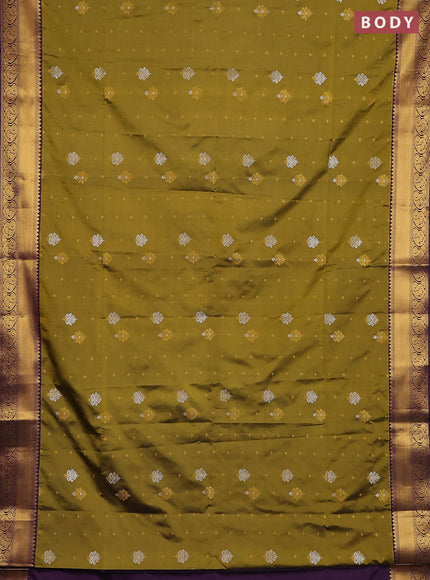 Semi soft silk saree mehendi green and purple with allover silver & gold zari woven buttas and zari woven border