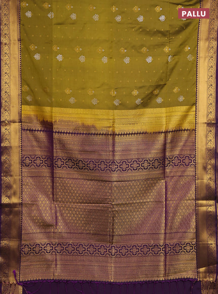 Semi soft silk saree mehendi green and purple with allover silver & gold zari woven buttas and zari woven border