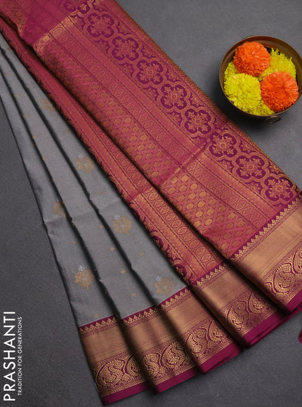 Semi soft silk saree grey and dark magenta pink with allover silver & gold zari woven buttas and zari woven border