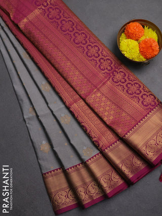 Semi soft silk saree grey and dark magenta pink with allover silver & gold zari woven buttas and zari woven border