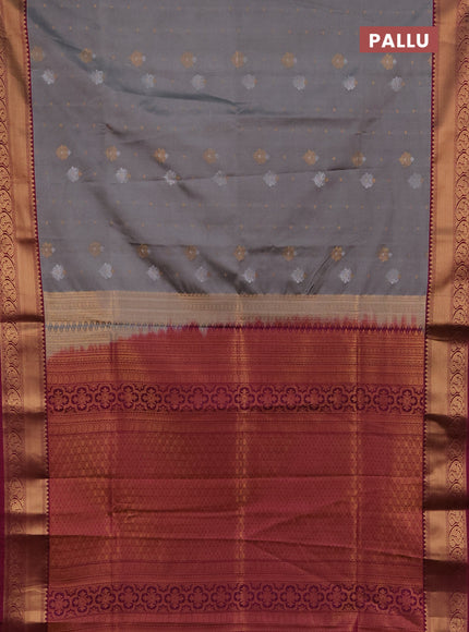 Semi soft silk saree grey and dark magenta pink with allover silver & gold zari woven buttas and zari woven border