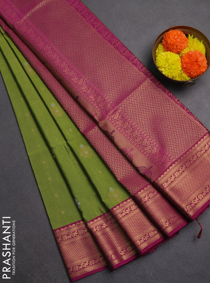 Semi soft silk saree green and dark magenta pink with allover silver & gold zari woven buttas and zari woven border