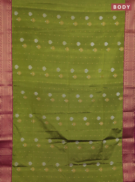 Semi soft silk saree green and dark magenta pink with allover silver & gold zari woven buttas and zari woven border