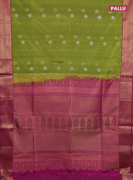 Semi soft silk saree green and dark magenta pink with allover silver & gold zari woven buttas and zari woven border