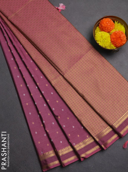 Semi soft silk saree mauve pink with allover silver & gold zari woven buttas and rettapet zari woven border