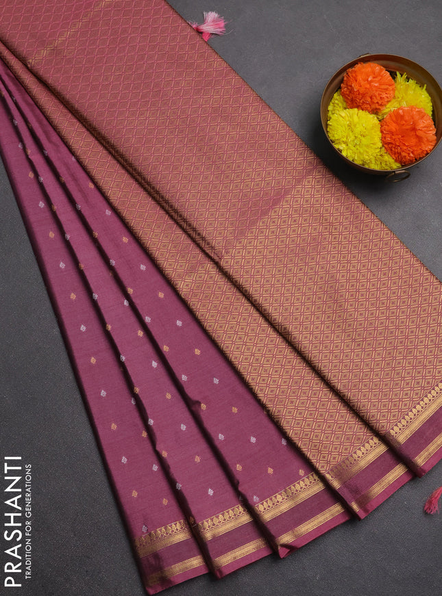 Semi soft silk saree mauve pink with allover silver & gold zari woven buttas and rettapet zari woven border