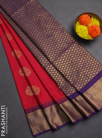 Semi soft silk saree kumkum red and purple with zari woven buttas and temple design zari woven border