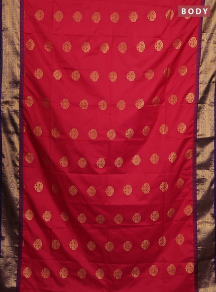 Semi soft silk saree kumkum red and purple with zari woven buttas and temple design zari woven border