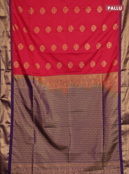 Semi soft silk saree kumkum red and purple with zari woven buttas and temple design zari woven border